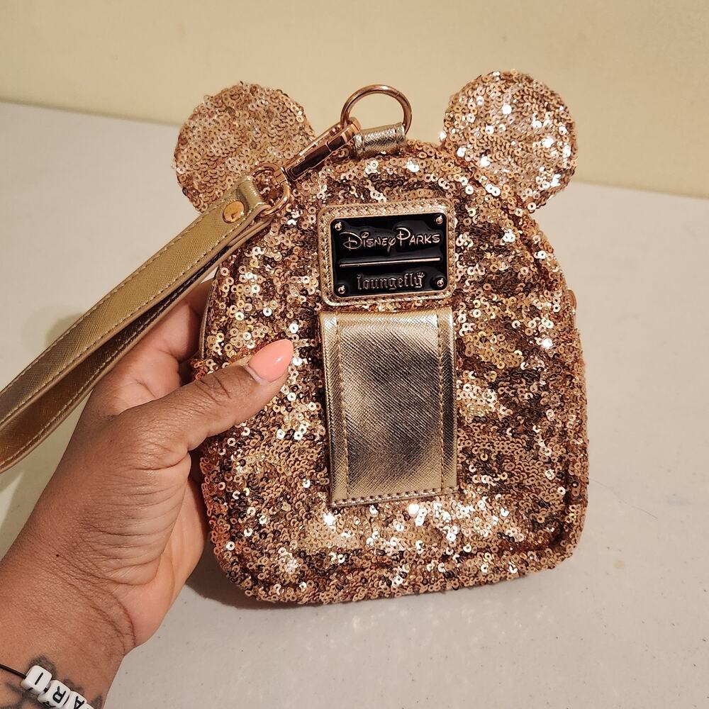 Loungefly Disney Parks Rose Gold Sequin Mini Backpack Wristlet Minnie Lux Bag - Picture 2 of 8